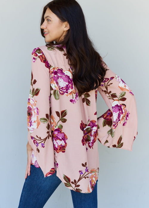 ODDI Full Size Floral Bell Sleeve Crepe Top