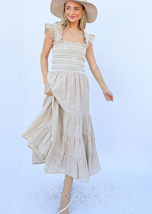 And The Why Linen Striped Ruffle Dress