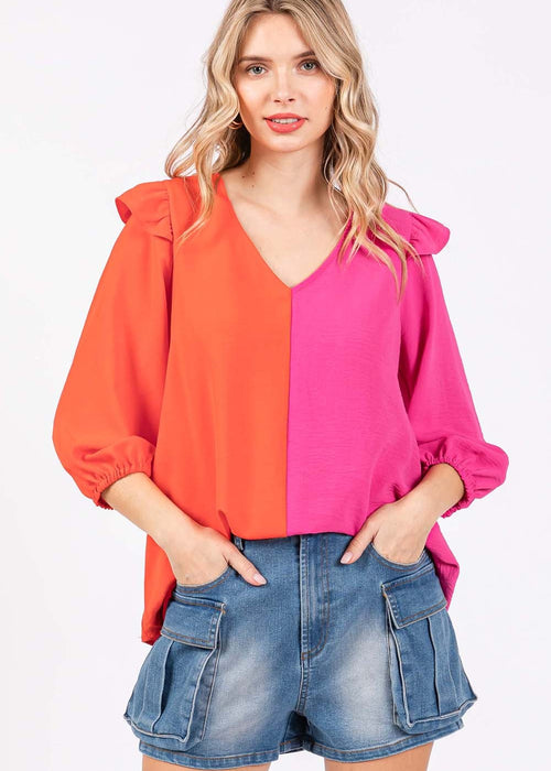 GeeGee Full Size Ruffle Trim Contrast Blouse
