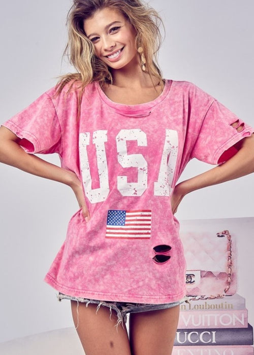 BiBi Washed American Flag Graphic Distressed T-Shirt