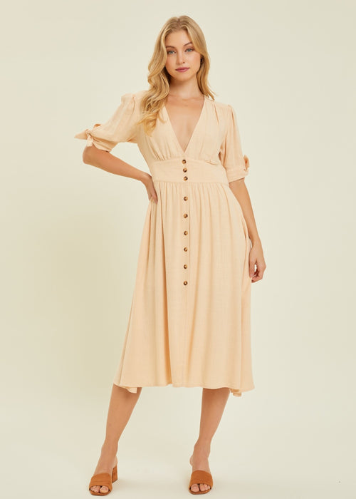 HEYSON Full Size Textured Linen V-Neck Button-Down Midi Dress
