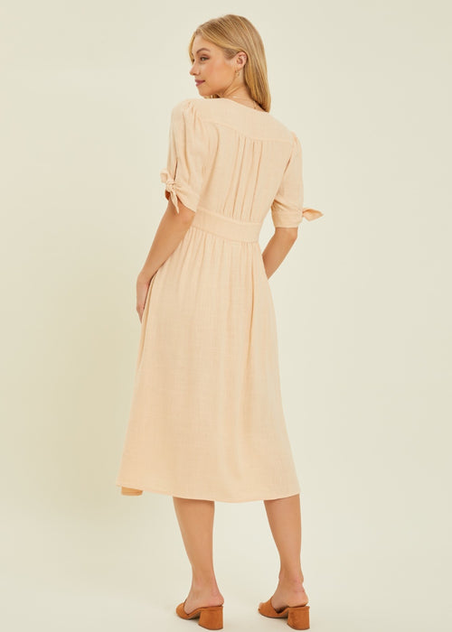 HEYSON Full Size Textured Linen V-Neck Button-Down Midi Dress