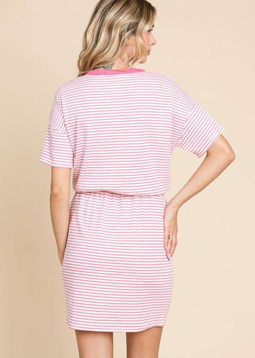 Culture Code Full Size Striped Short Sleeve Mini Dress with Pockets