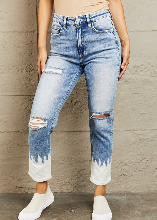 High Waisted Distressed Painted Cropped Skinny Jeans