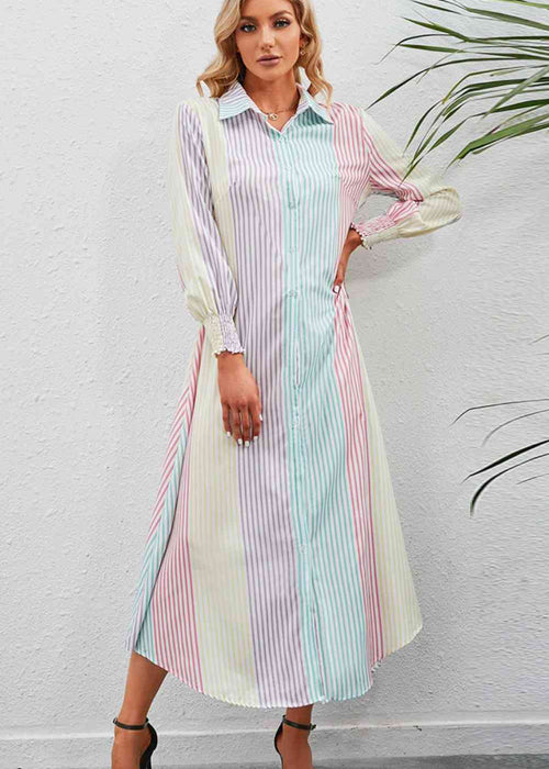 Rainbow Stripe Button-Up Maxi Shirt Dress (Full Size)