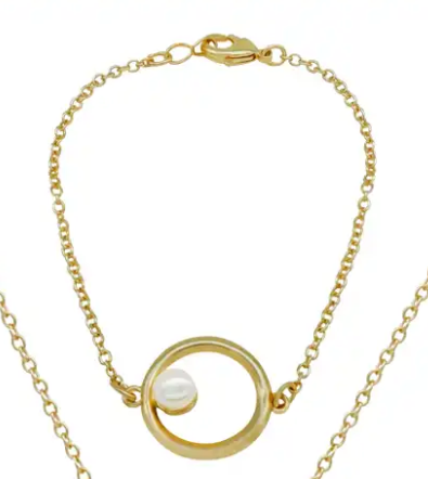 18k Gold Round Pearl Bracelet Necklace