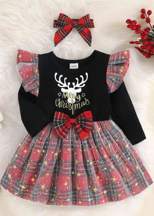 Round Neck Long Sleeve MERRY CHRISMAS Reindeer Graphic Dress for Kids